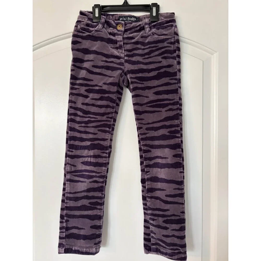 Mini Boden Girls size 8 Purple Black Velvet Zebra Print Pants Stretch